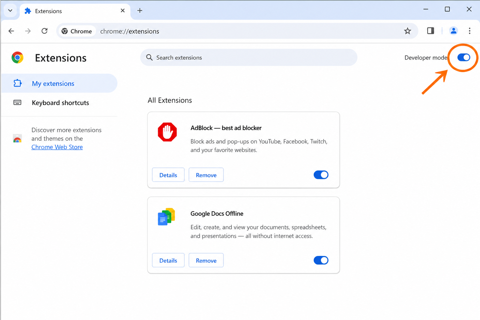 Chrome extensions page with the Developer mode toggle in the top-right