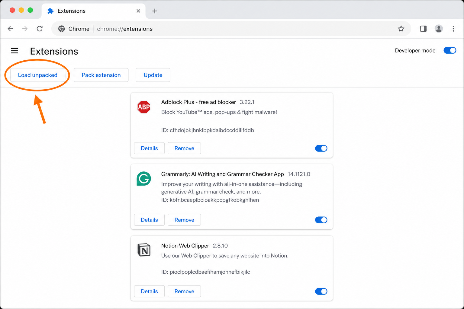 Load unpacked button on the Chrome extensions page